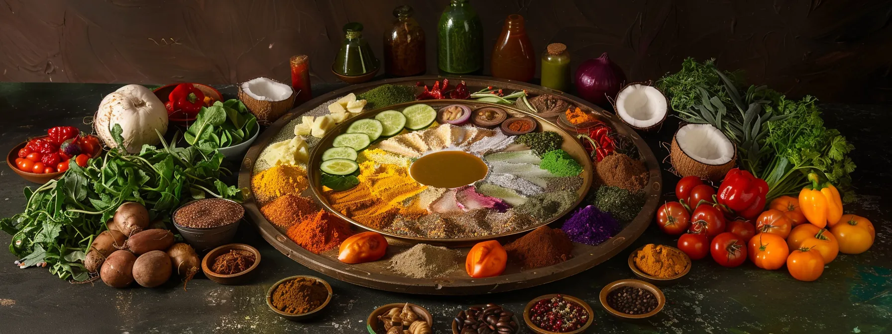 a vibrant, rainbow-colored wheel representing the chakra system, surrounded by a variety of healing foods like collard greens, coconut, meat, and turnips.