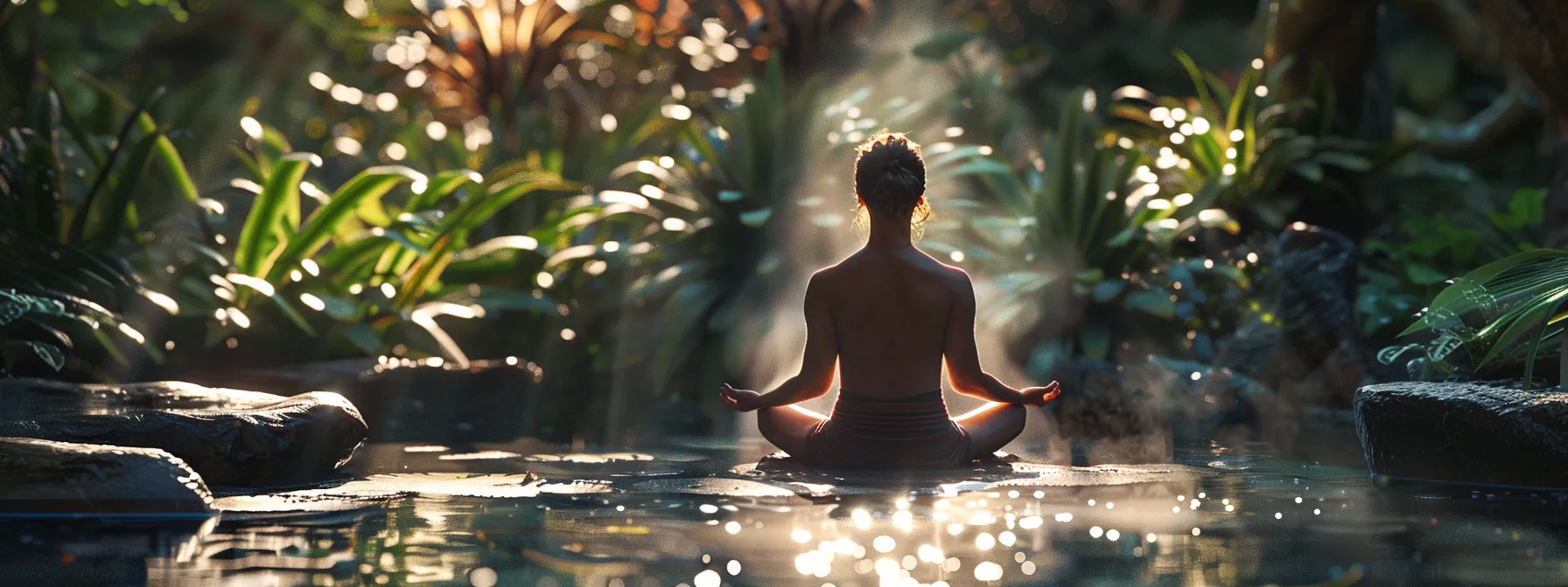 an individual meditating in a serene garden surrounded by shimmering light, symbolizing a deep spiritual connection and heightened awareness during a kundalini awakening.