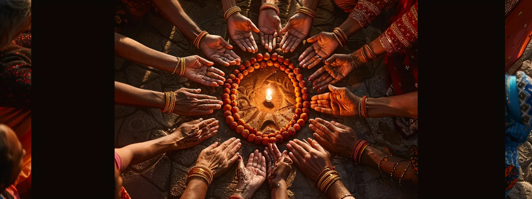 a circle of individuals wearing fourteen mukhi rudraksha beads, sharing transformative stories and forming a community of spiritual seekers.