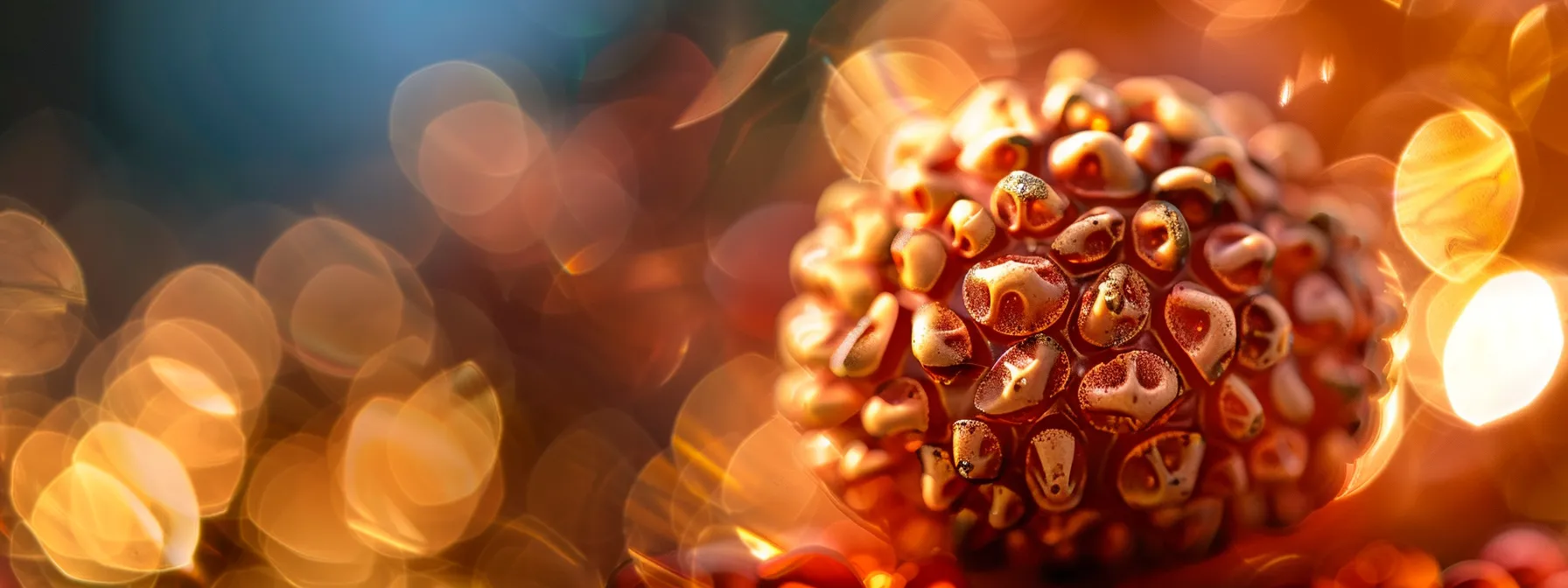 a close-up photo of a shimmering twelve mukhi rudraksha bead, reflecting divine light and intricate design, symbolizing wisdom and spiritual connection.