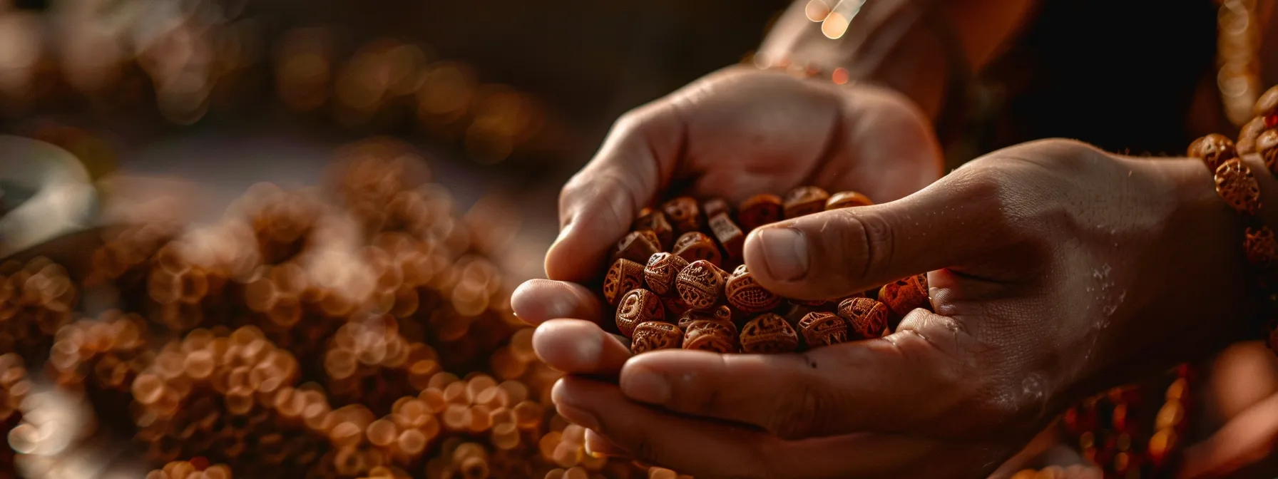 a close-up photo of a person wearing a rudraksha bead necklace, capturing the intricate detail and spiritual significance of the sacred jewelry.