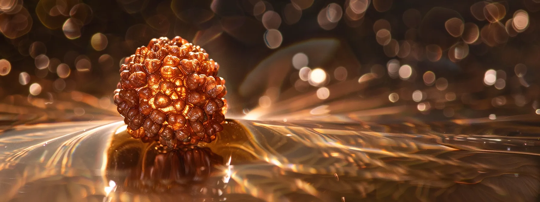 a close-up photo of a twelve mukhi rudraksha bead glowing with energy, radiating a sense of ancient wisdom and spiritual vitality.