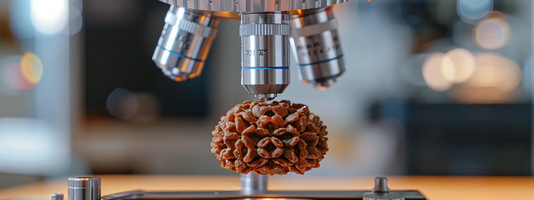 a close-up of a thirteen mukhi rudraksha being examined under a microscope in a modern laboratory setting.