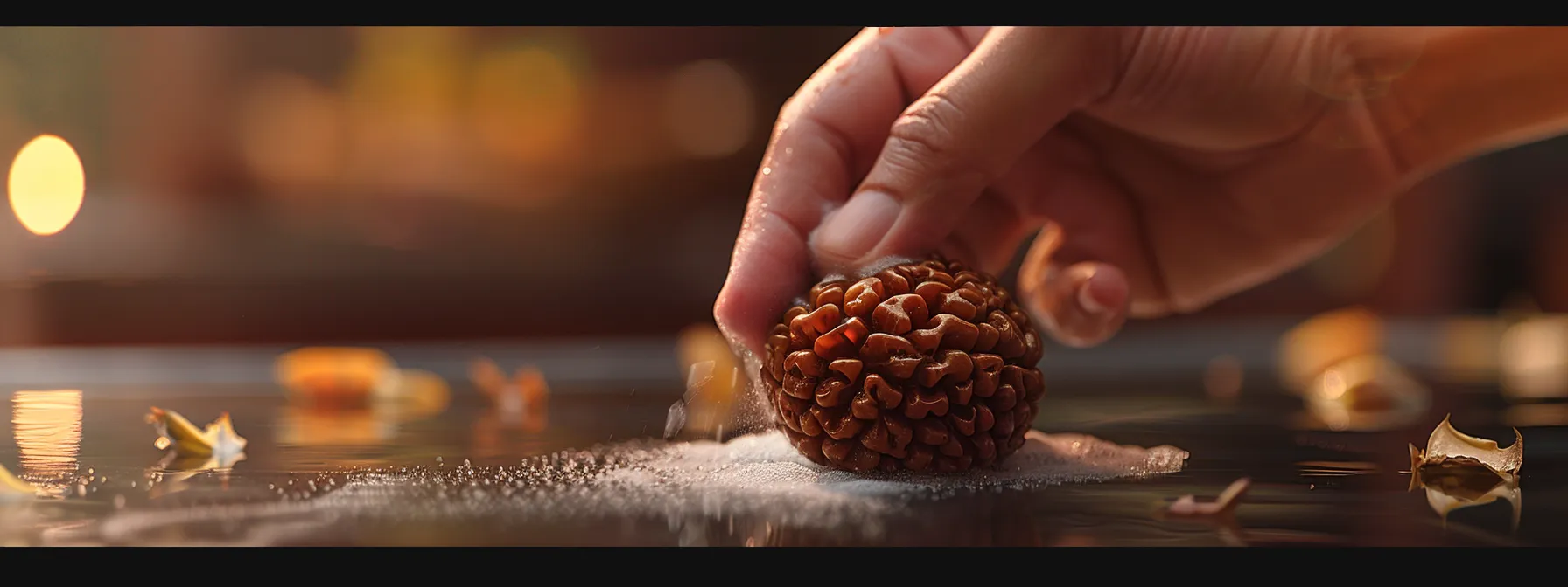 a close-up shot of a pristine thirteen mukhi rudraksha bead being gently wiped clean with a soft cloth, highlighting its intricate details and spiritual significance.