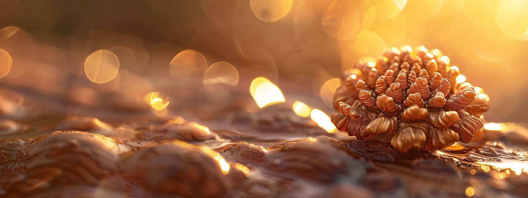 a close-up photo of a radiant fourteen mukhi rudraksha pendant shimmering in the sunlight, symbolizing spiritual significance and healing energy.