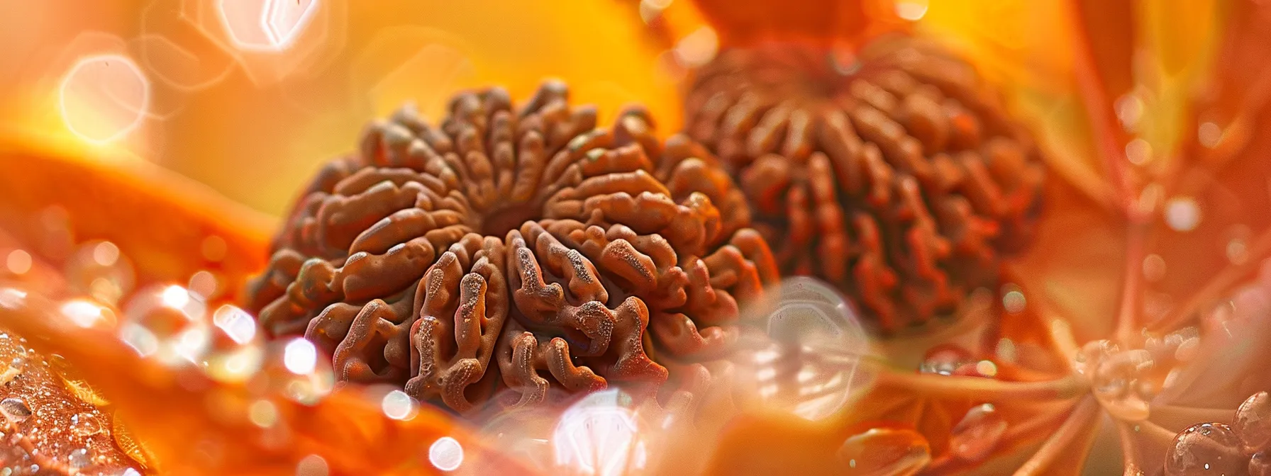 a close-up photo capturing the intricate mukhi lines on a thirteen mukhi rudraksha bead, highlighting its botanical origins and mineral composition.