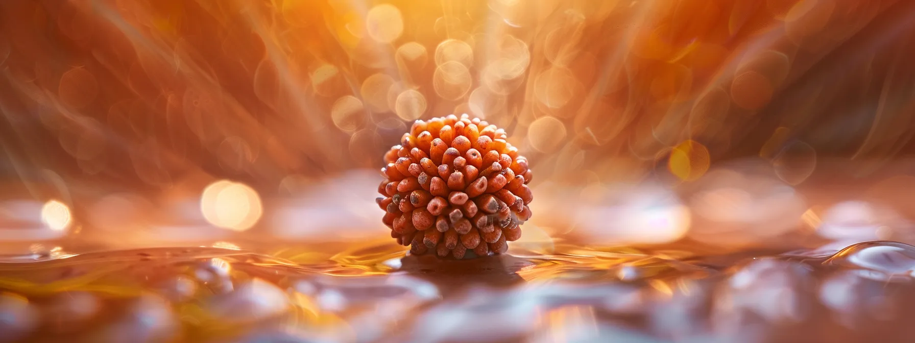 a close-up shot of a shimmering thirteen mukhi rudraksha bead, radiating a powerful aura of abundance and prosperity.