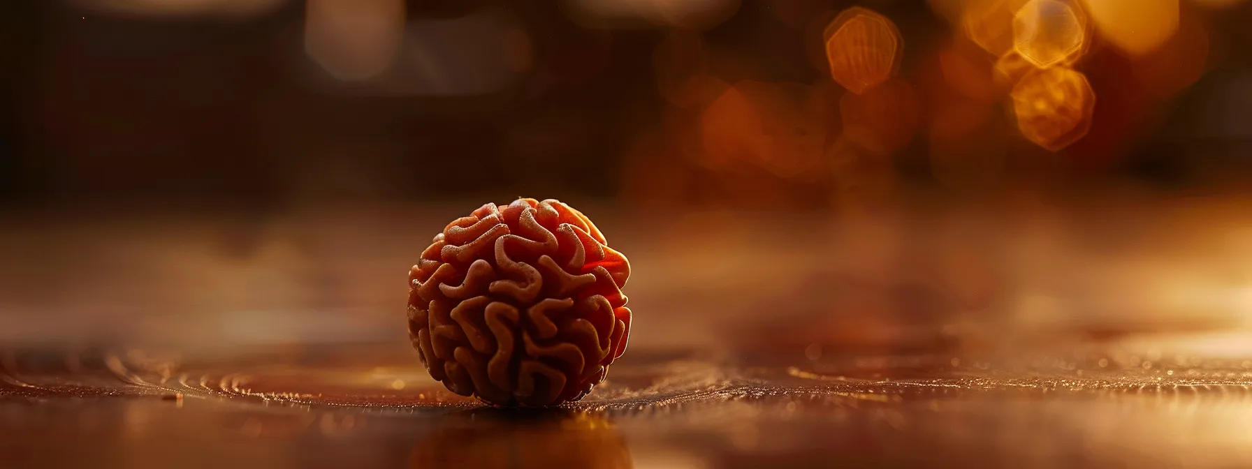 a close-up photo of a counterfeit fourteen mukhi rudraksha bead with glued and carved mukhis, highlighting the compromised energy of the inauthentic bead.