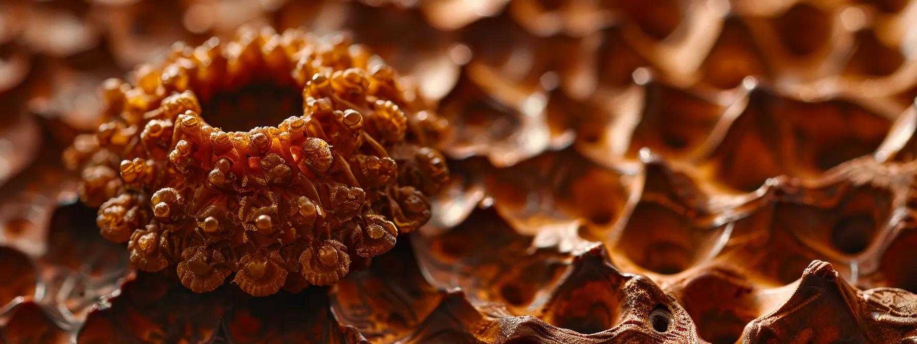 a close-up photo of a twelve mukhi rudraksha, showcasing its natural lines, rich texture, and central hole under warm, natural lighting.