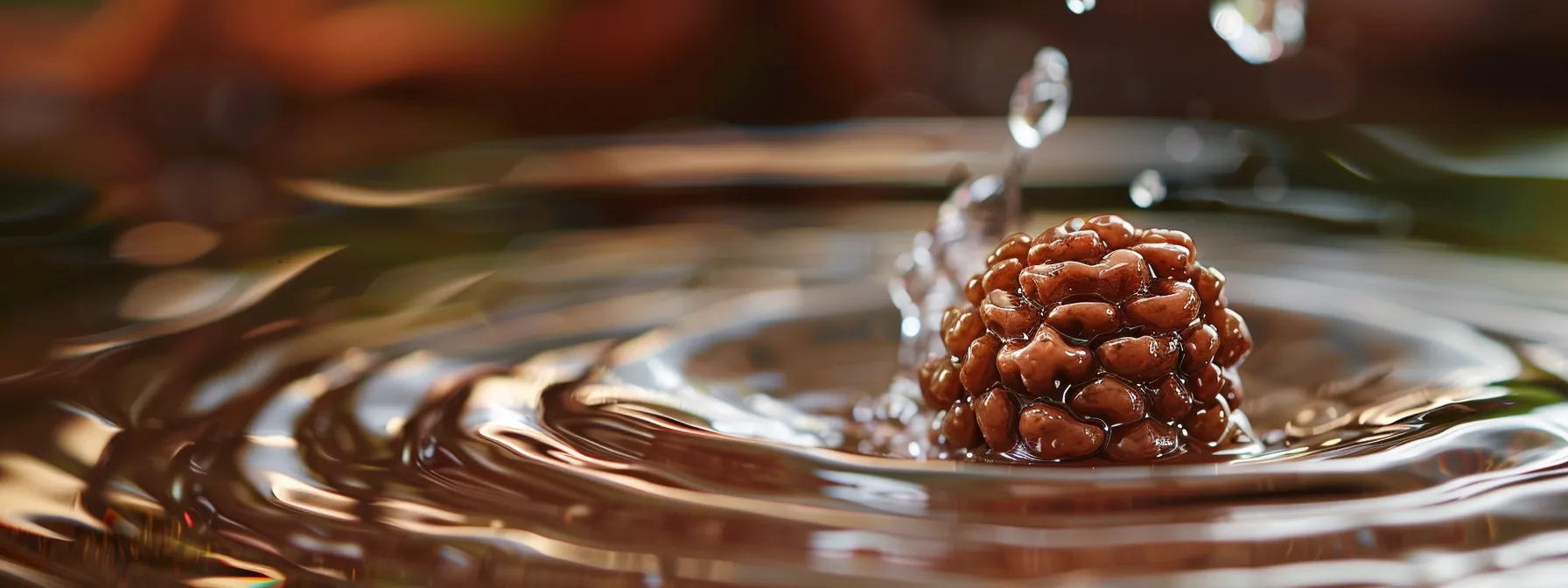 a close-up photo of a fourteen mukhi rudraksha bead being gently immersed in water to test its buoyancy and authenticity.