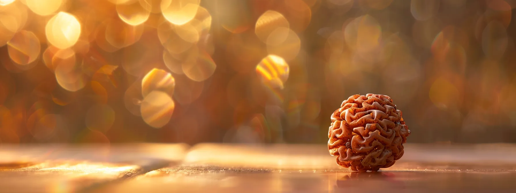 a close-up photo of a textured, vibrant thirteen mukhi rudraksha bead against a soft, blurred background.