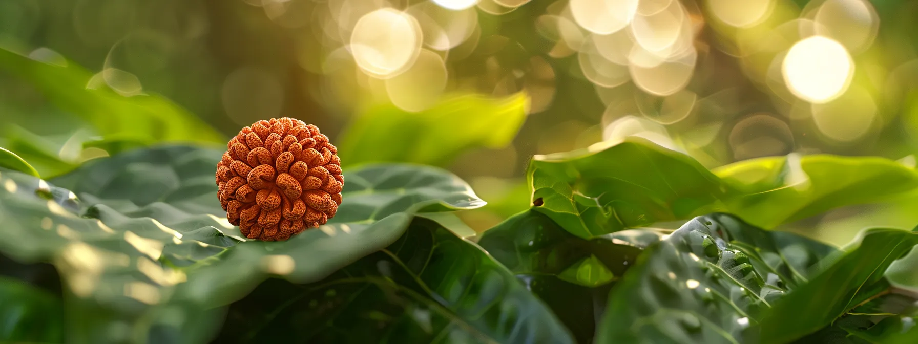 a close-up shot of a radiant thirteen mukhi rudraksha bead resting on a bed of vibrant green leaves, exuding an aura of spiritual energy.