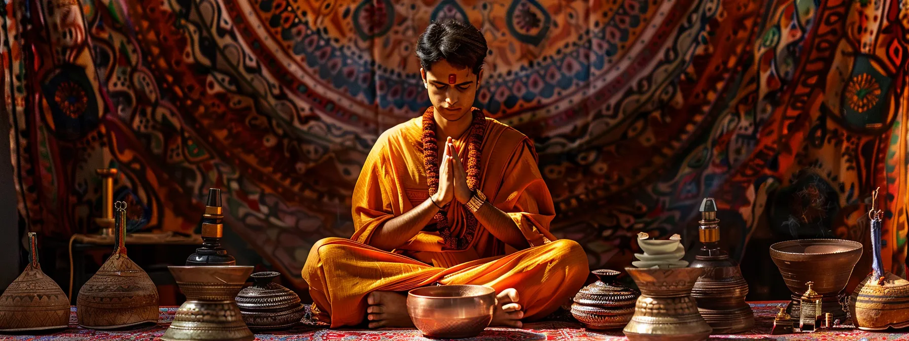 a devotee wearing the thirteen mukhi rudraksha, immersed in prayer, surrounded by vibrant art and musical instruments that symbolize the rich cultural context of spiritual practices.