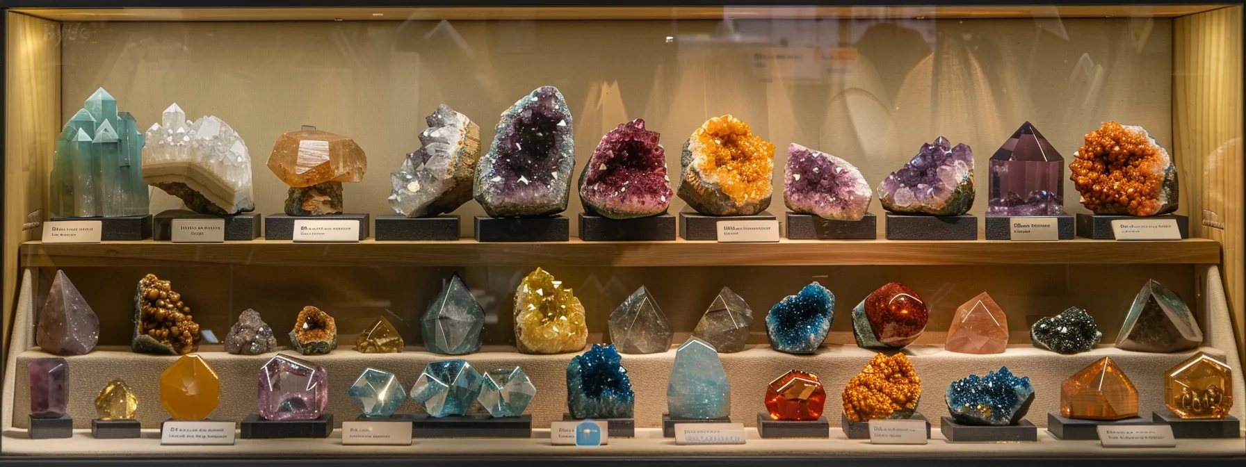 a display of various birthstone jewelry pieces, with labels indicating the month of each stone and signs promoting ethical sourcing.