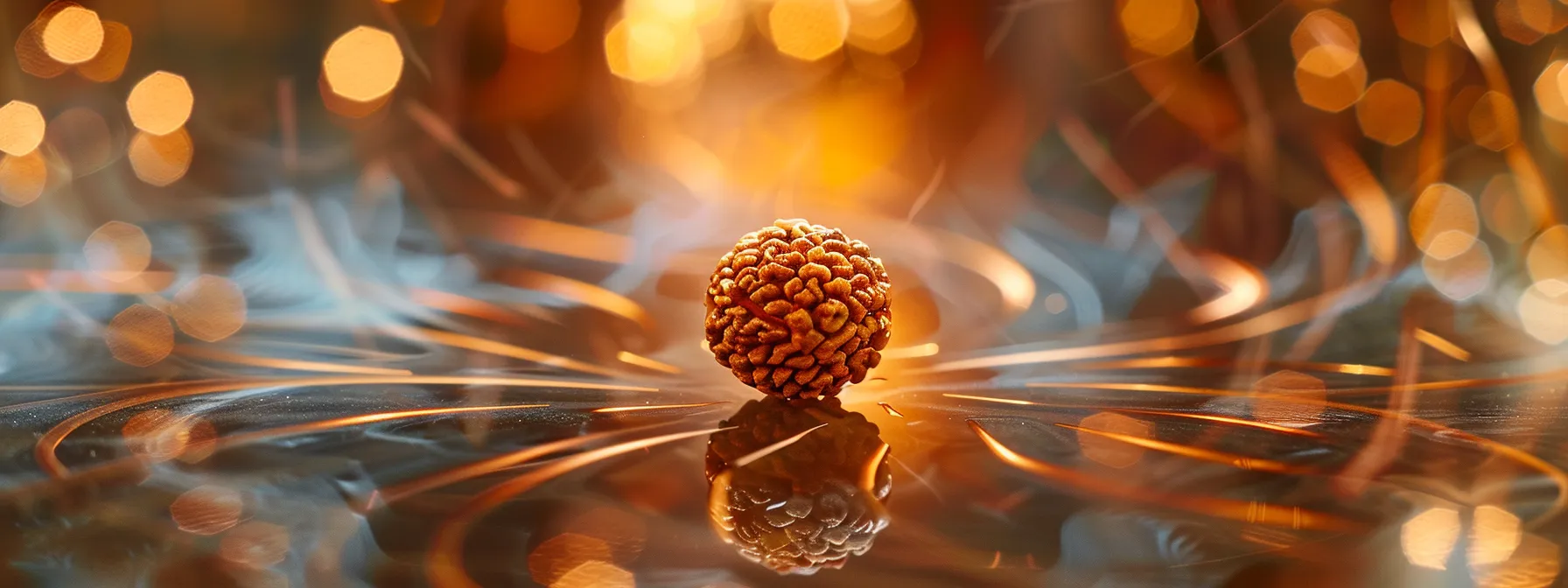 a glowing thirteen mukhi rudraksha bead surrounded by shimmering energy fields, symbolizing its profound electromagnetic effects on the body and mind.