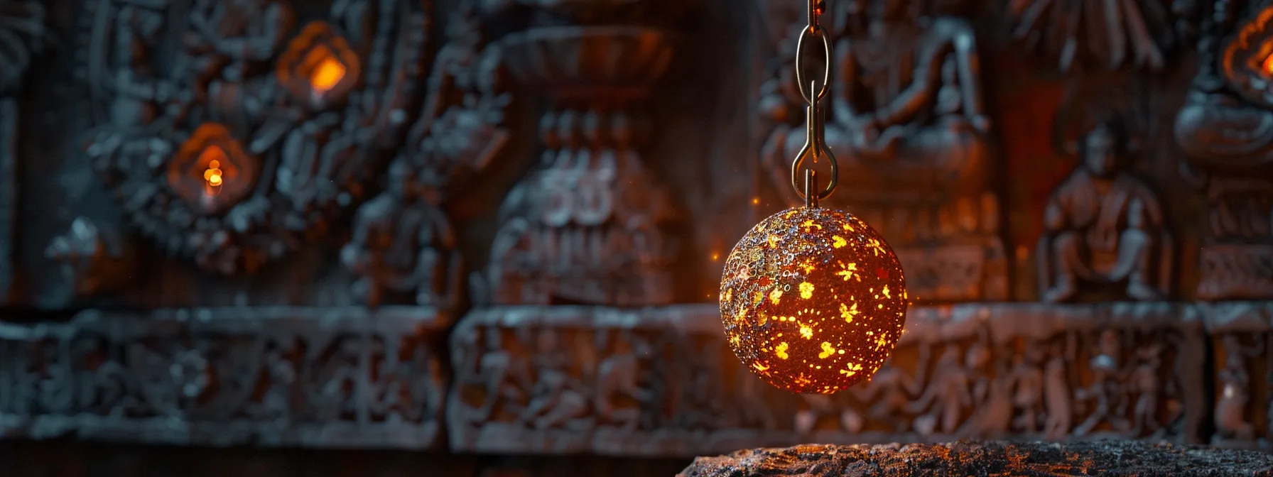 a glowing twelve mukhi rudraksha suspended against a backdrop of ancient vedic scriptures and traditional hindu symbols.