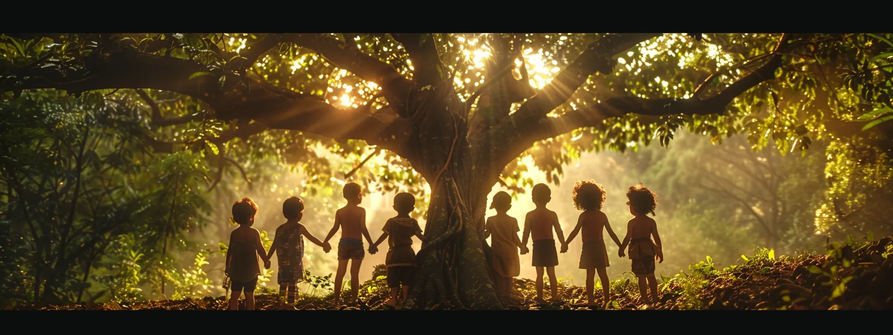 a group of children holding hands in a lush forest, admiring a magnificent rudraksha tree, embodying the legacy and future preservation of rudraksha.