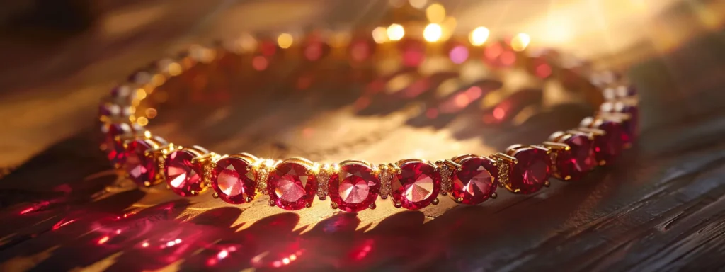 a luxurious ruby bracelet glows under soft, golden lighting, showcasing its timeless elegance and beauty.