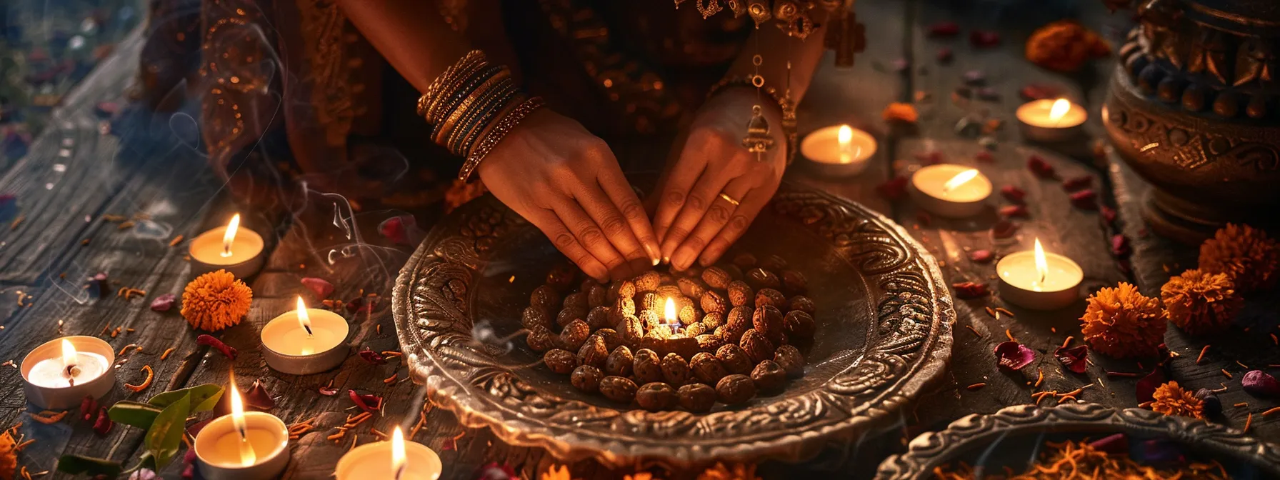 a person carefully placing a gleaming, purified fourteen mukhi rudraksha around their neck, surrounded by candles and burning incense, creating a serene and sacred atmosphere.