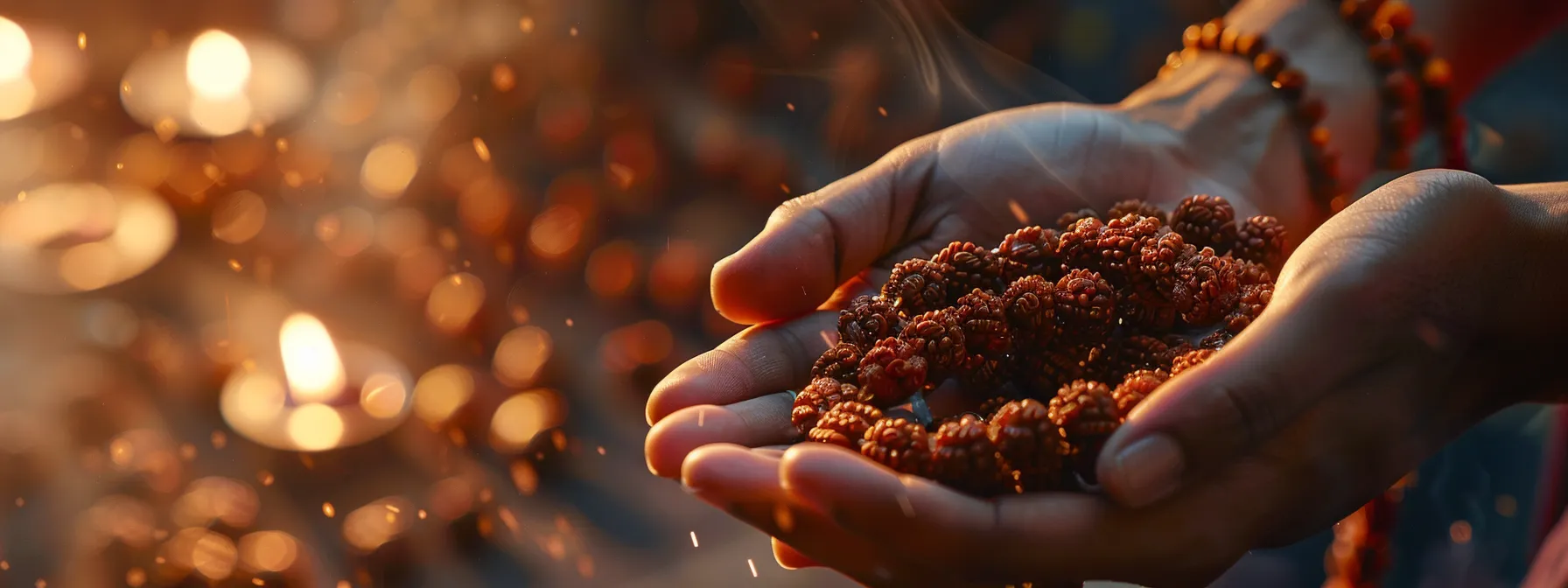 a person delicately cleansing and energizing a string of shiny rudraksha beads.