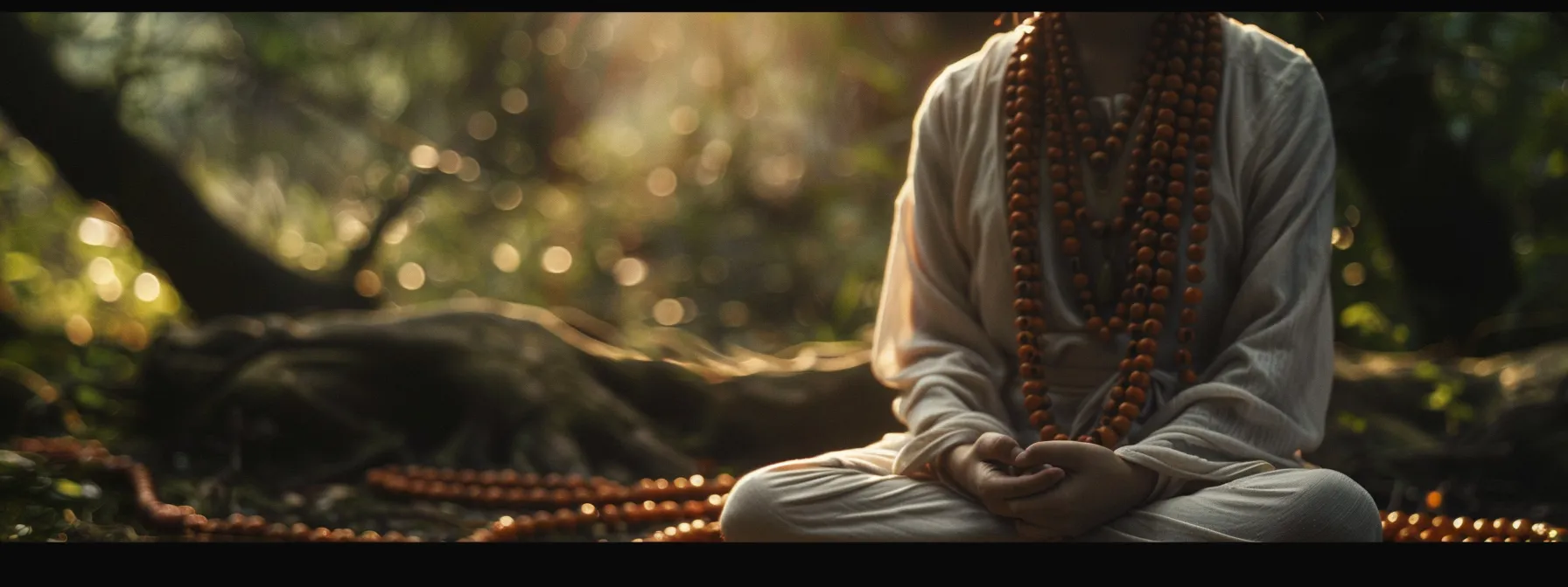 a person in deep meditation, wearing a fourteen mukhi rudraksha bead necklace, surrounded by a serene and tranquil environment.