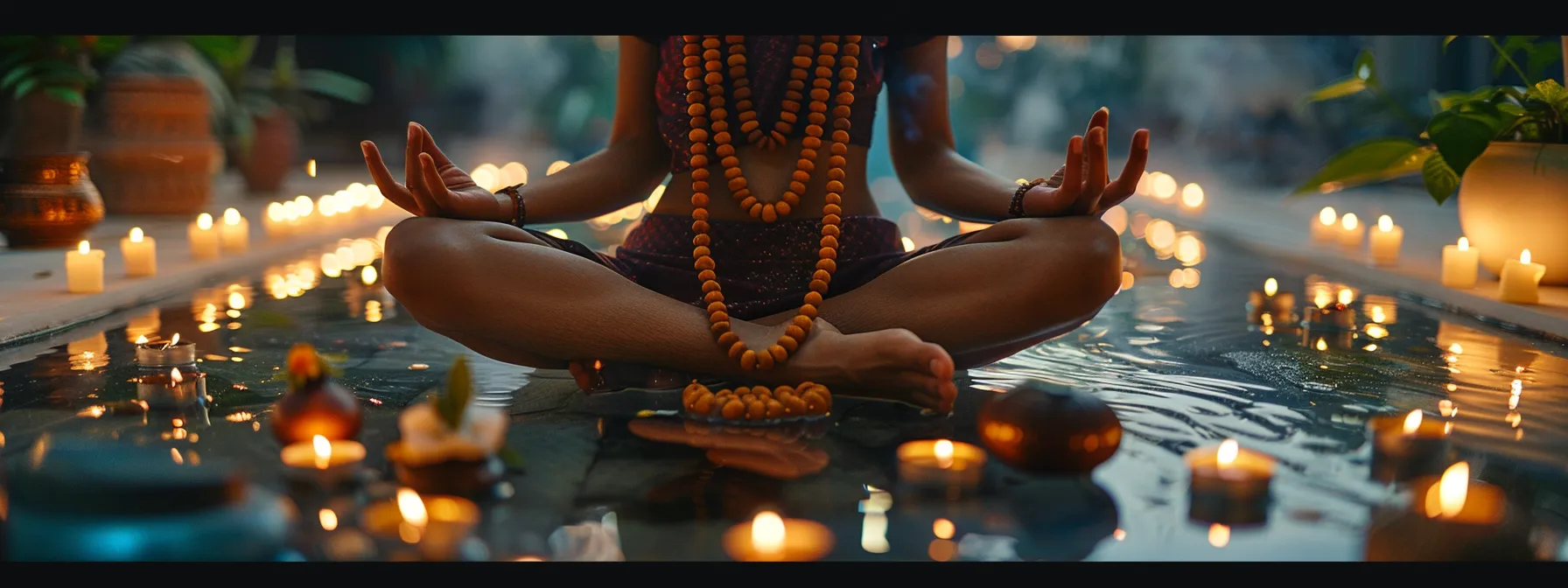 a person meditating with a serene expression, wearing the thirteen mukhi rudraksha necklace, surrounded by candles and incense in a peaceful, dimly lit room.