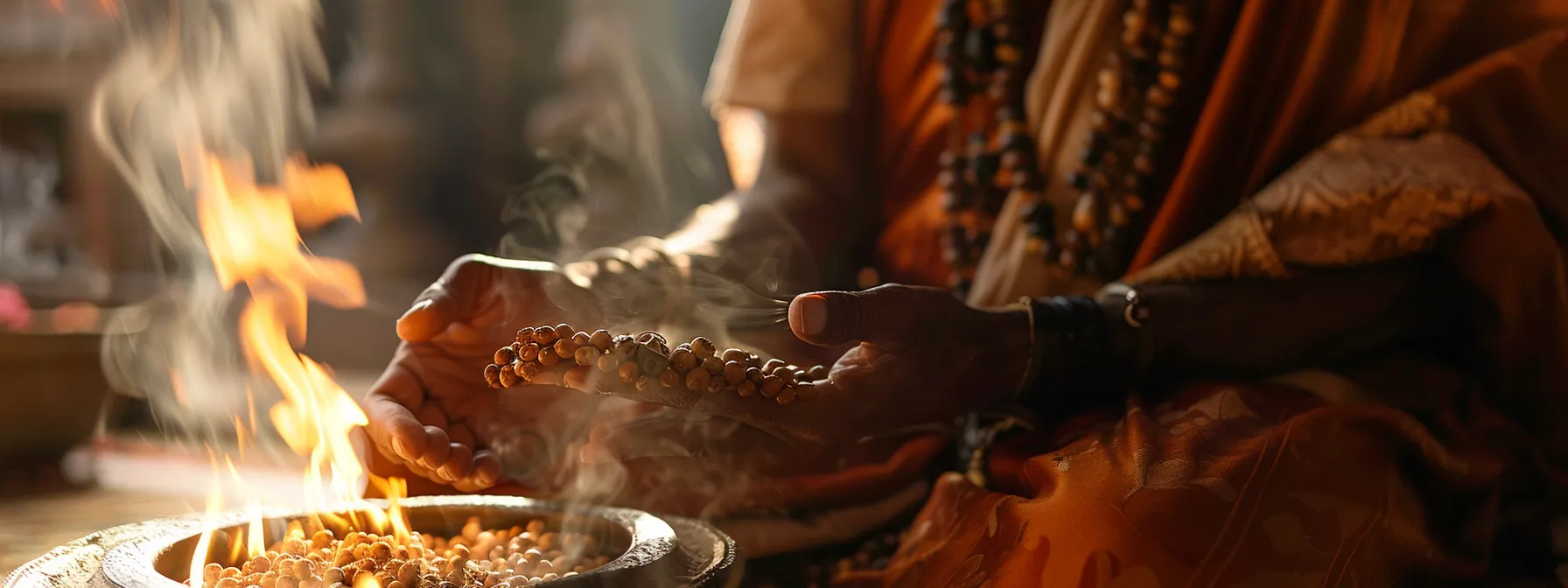 a person using the correct substances and mantras while maintaining purity and focus during the activation ritual of the thirteen mukhi rudraksha.