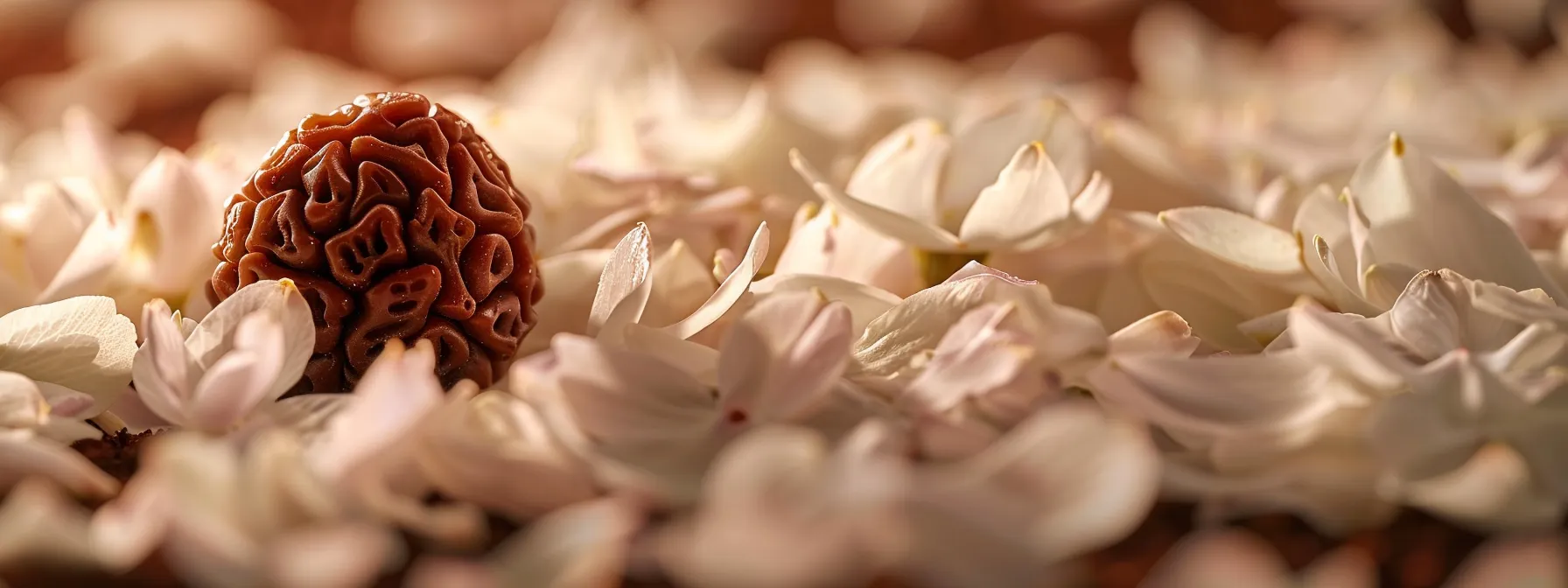 a pristine fourteen mukhi rudraksha bead resting on a bed of fresh, fragrant jasmine petals, glowing with spiritual energy and purity.