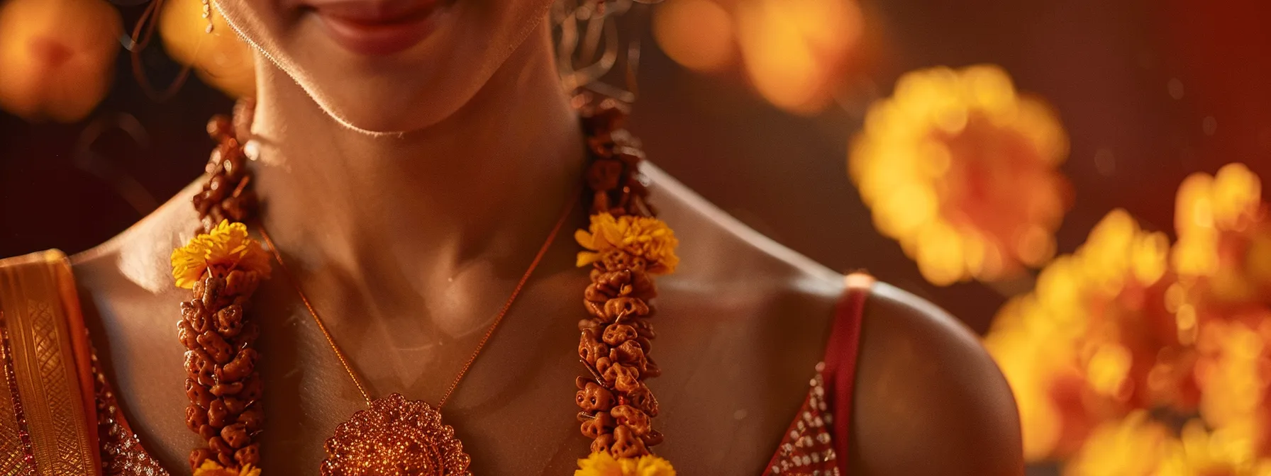 a radiant individual wearing a twelve mukhi rudraksha pendant, exuding confidence and vitality, surrounded by symbols of prosperity and success.