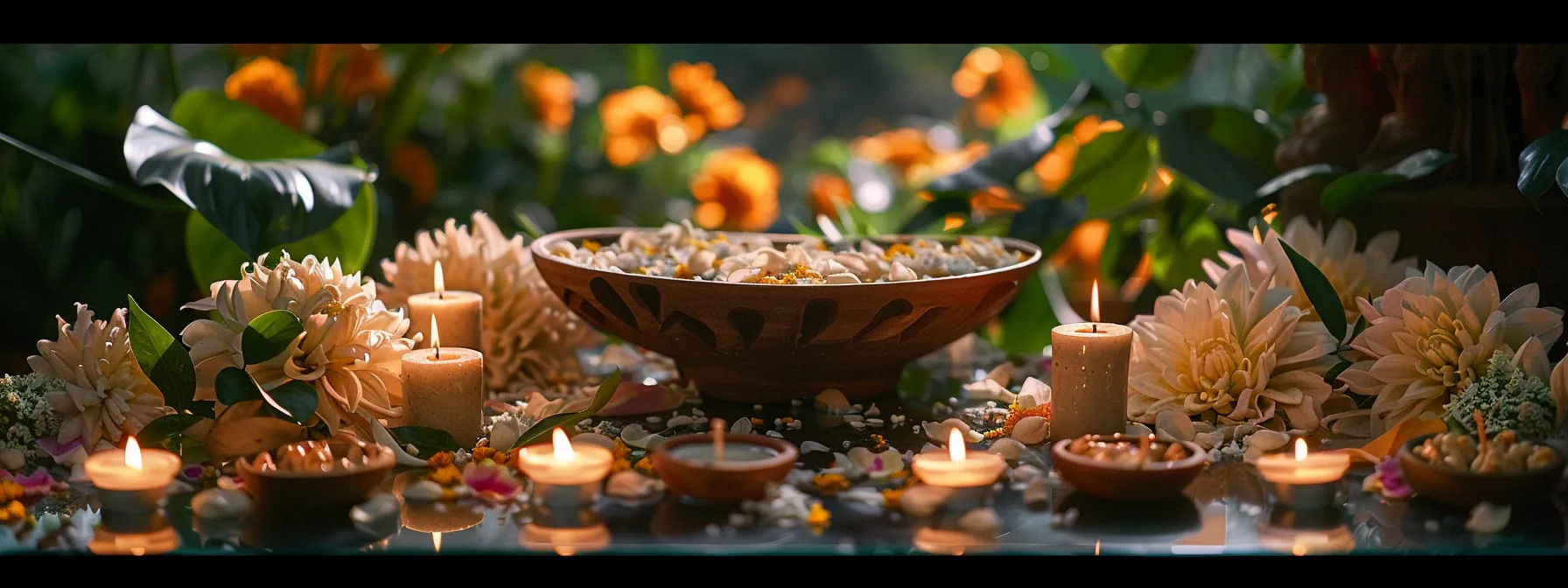 a serene altar adorned with delicate flowers and flickering candles, ready for the activation of the thirteen mukhi rudraksha.