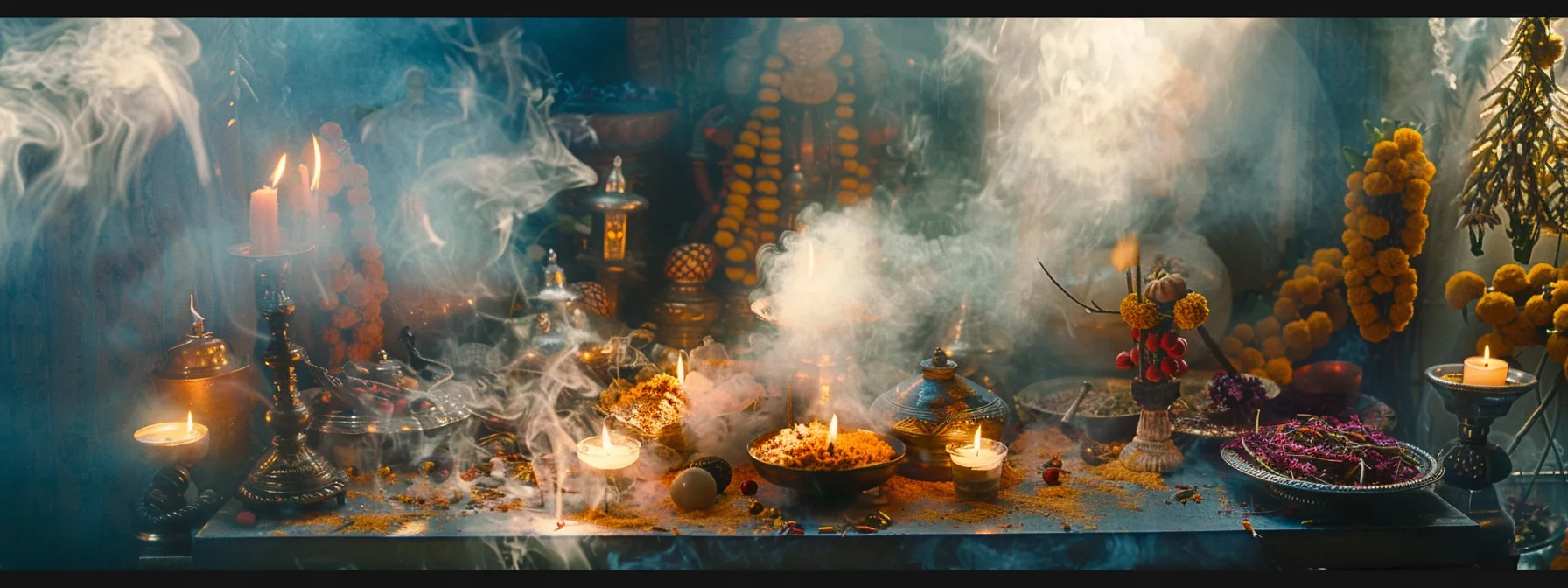 a serene altar adorned with ritual items and the fourteen mukhi rudraksha, surrounded by incense smoke and soft candlelight, symbolizing a spiritually conducive environment for worship and connection.