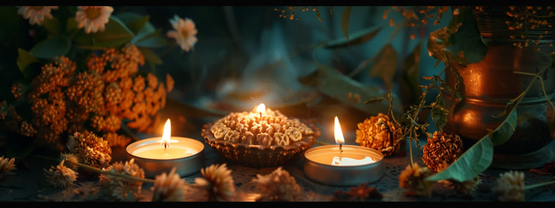 a serene candle-lit altar with sacred herbs and a shining rudraksha bead, symbolizing spiritual preparation and purification for wearing the thirteen mukhi rudraksha.