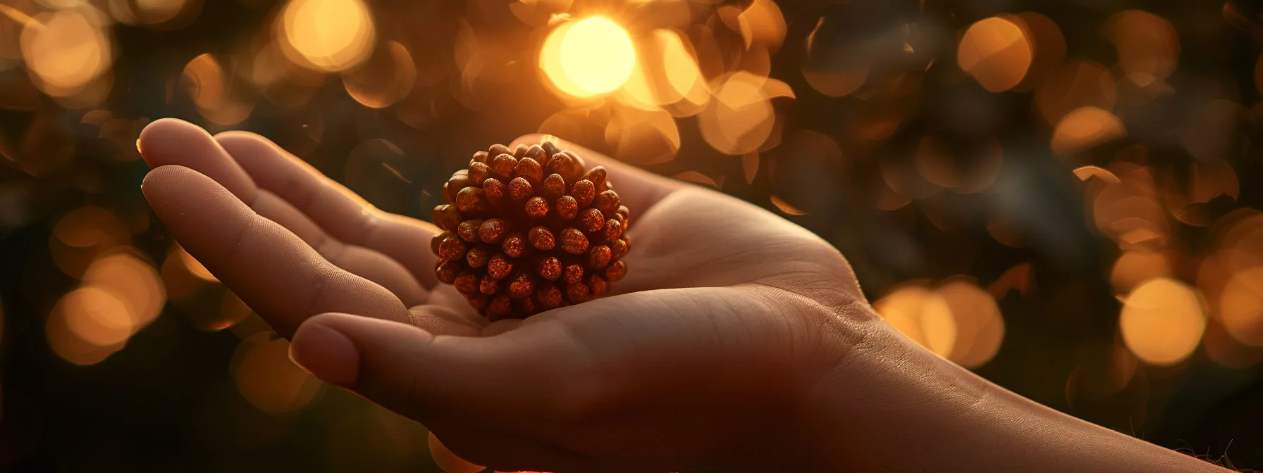 a serene hand holding a shimmering twelve mukhi rudraksha bead, showcasing the care and reverence in handling this sacred object.