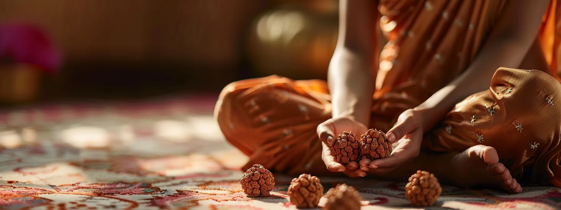 a serene image of a person wearing the thirteen mukhi rudraksha, radiating spiritual awareness and personal magnetism in a peaceful meditation setting.