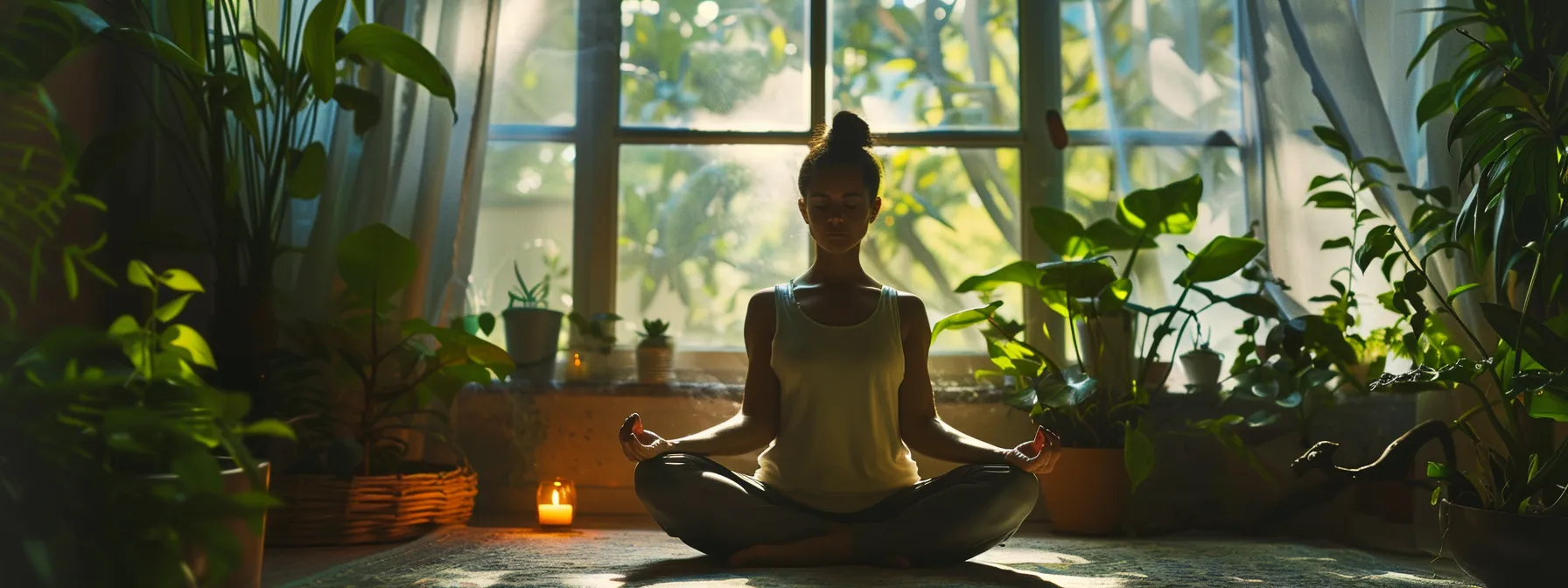 a serene individual practicing pranayama beside a flickering candle, surrounded by lush green plants and soft natural light filtering in through a window.