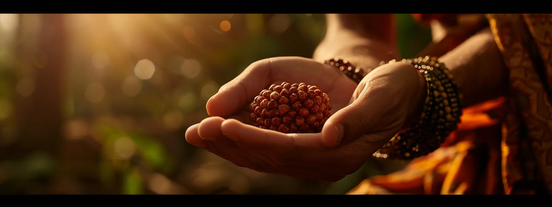 a serene meditator holding a radiant fourteen mukhi rudraksha bead, exuding a sense of peace and enlightenment.