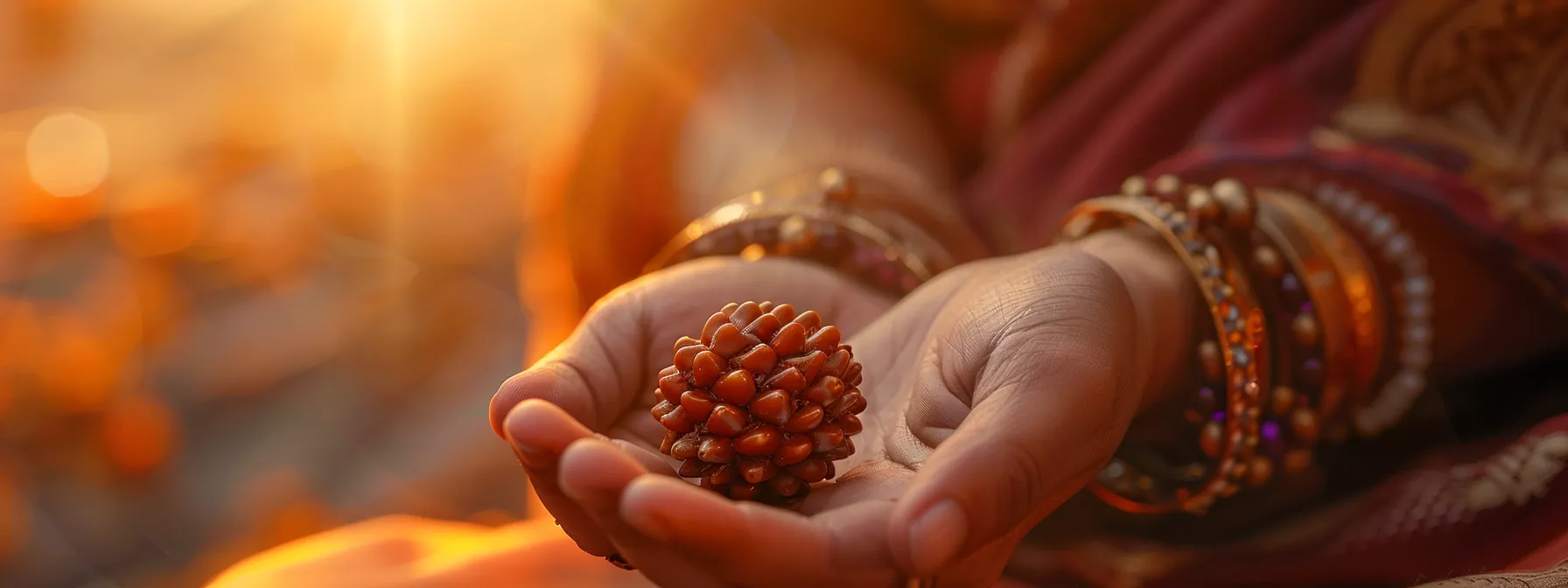 a serene meditator holding a shimmering thirteen mukhi rudraksha bead, emanating an aura of healing energy and spiritual connection.