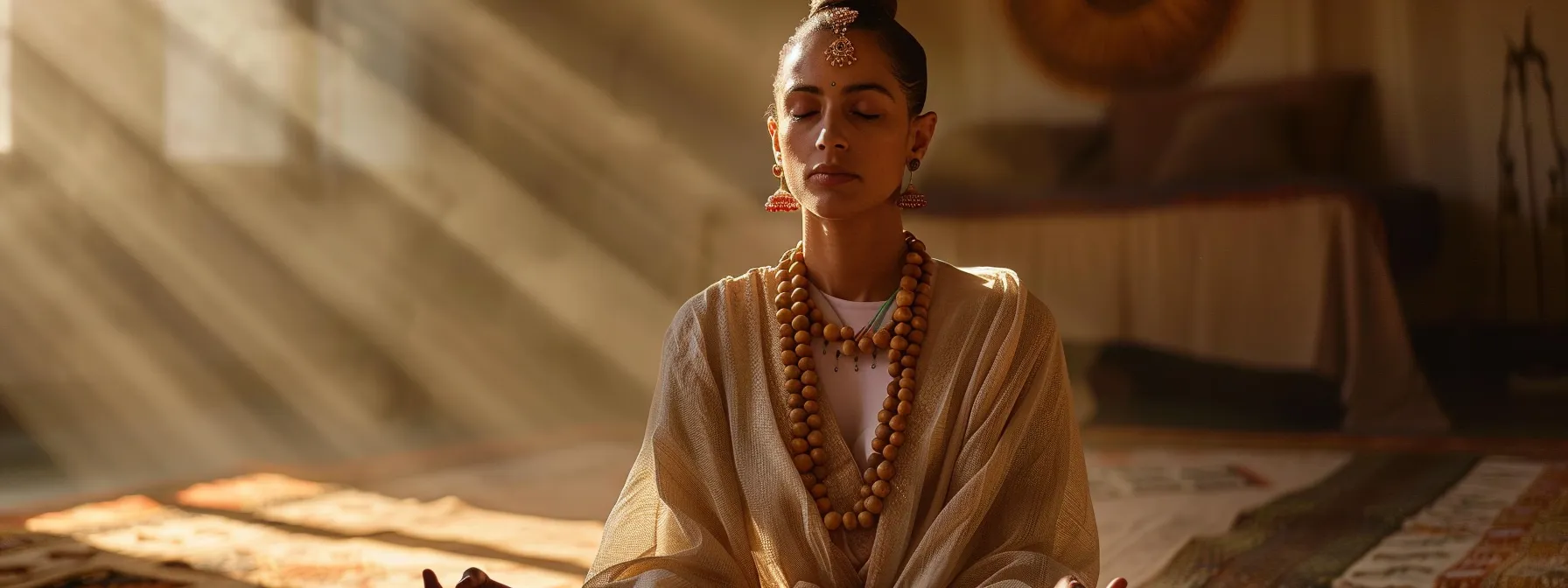 a serene meditator wearing an intricately beaded thirteen mukhi rudraksha necklace, surrounded by a soft glow, embodying spiritual growth and emotional resilience.