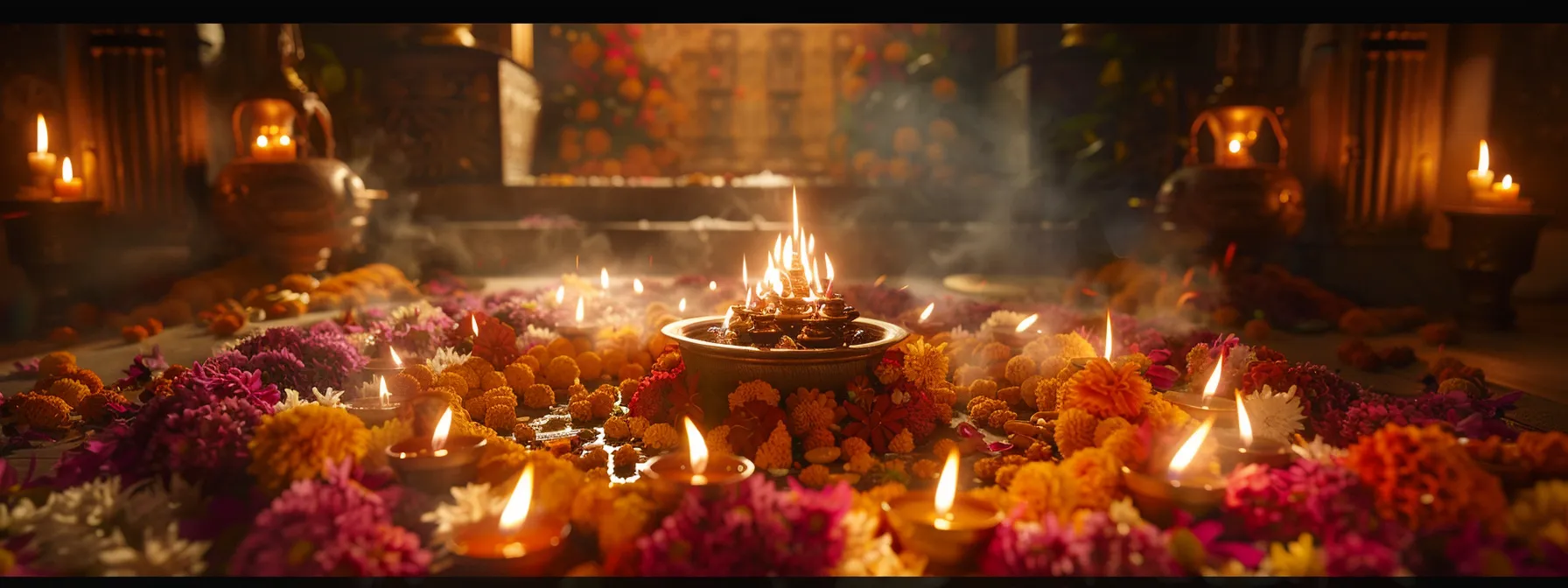 a serene room filled with flickering candles, fragrant incense, and a shimmering fourteen mukhi rudraksha resting on a bed of fresh flowers.