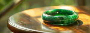 a shimmering, emerald green jade bracelet delicately resting on a polished wooden jewelry display.