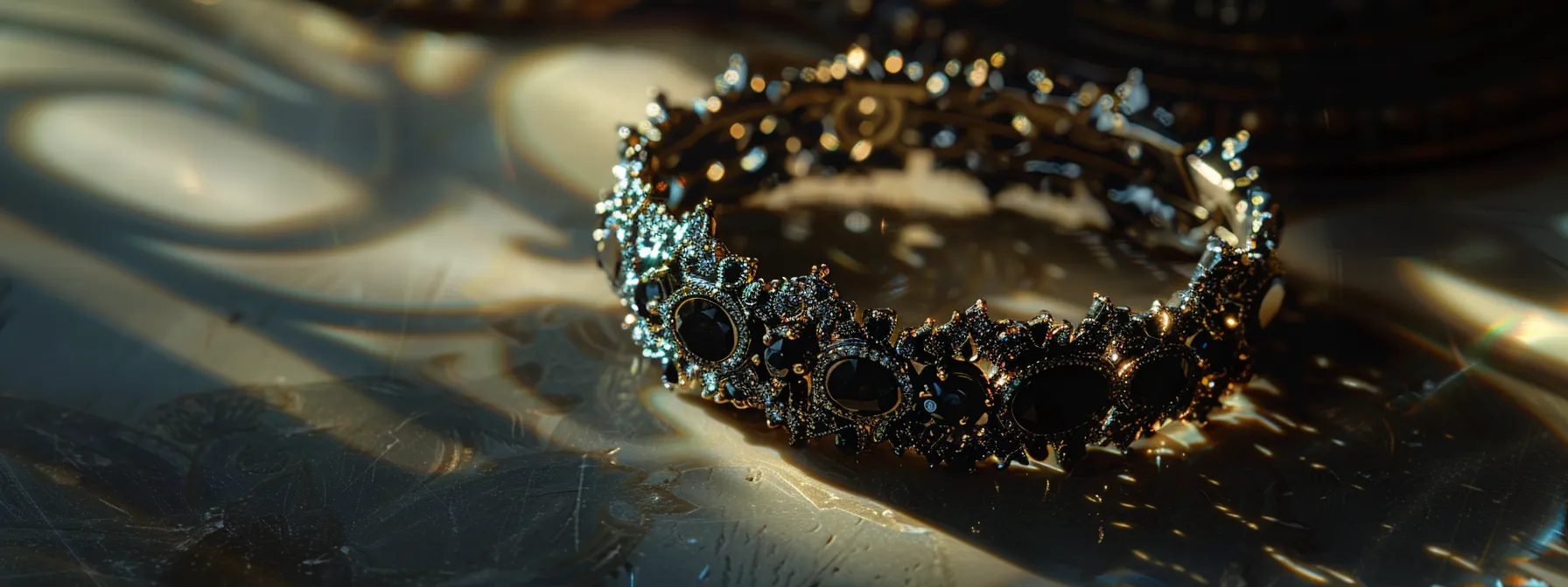 a shimmering onyx bracelet adorned with intricate silver details, exuding a sense of elegance and power.