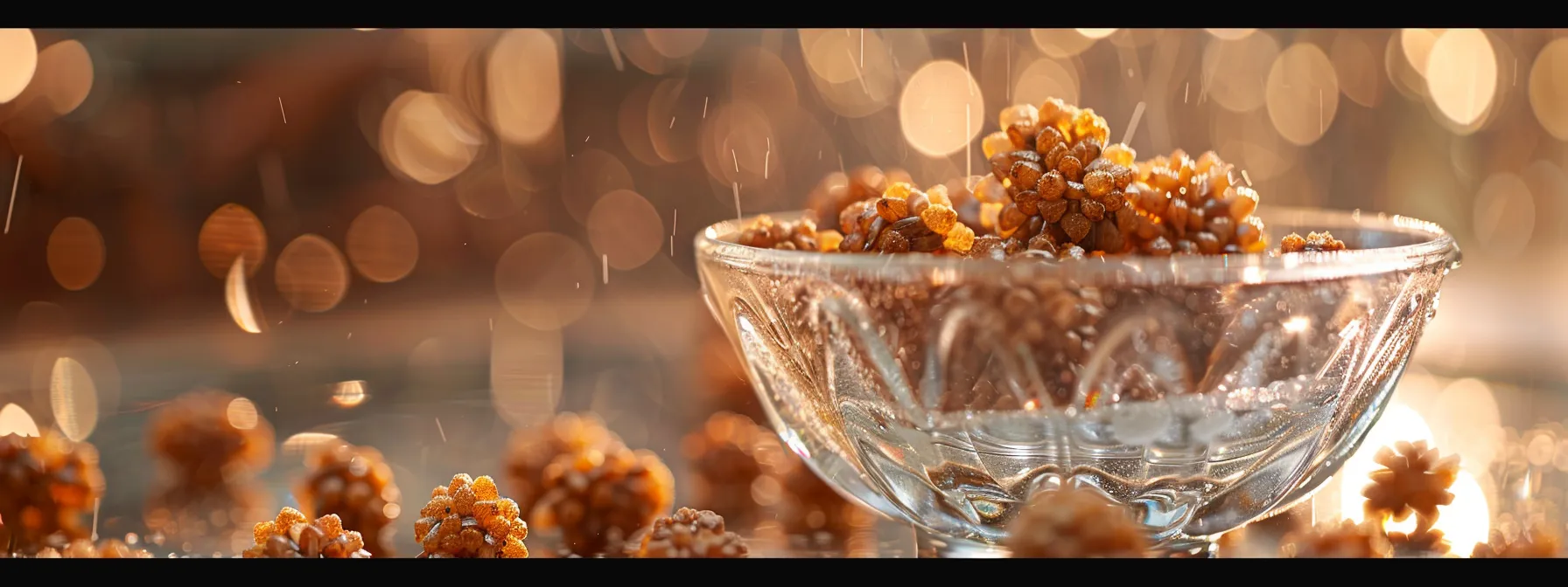 a sparkling, glass bowl filled with a gentle cleaning solution, surrounded by pristine thirteen mukhi rudraksha beads awaiting a cleansing ritual.