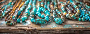 a stunning display of shimmering turquoise necklaces delicately arranged on a rustic wooden tabletop.