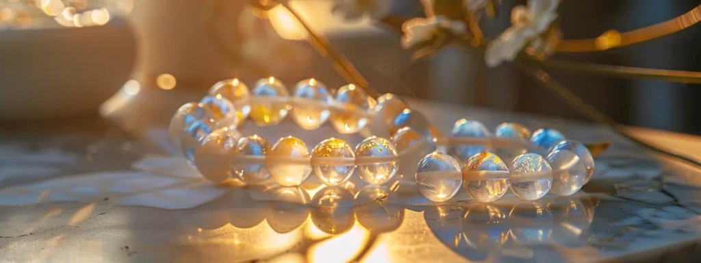 a trio of shimmering moonstone bracelets elegantly displayed on a marble tabletop, reflecting soft light from a nearby window.