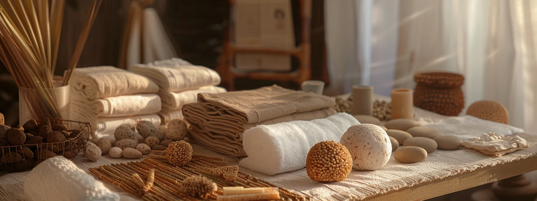 an array of natural cloths and gentle soap laid out neatly next to a pristine thirteen mukhi rudraksha, ready for a meticulous cleaning process in a serene, focused workspace.