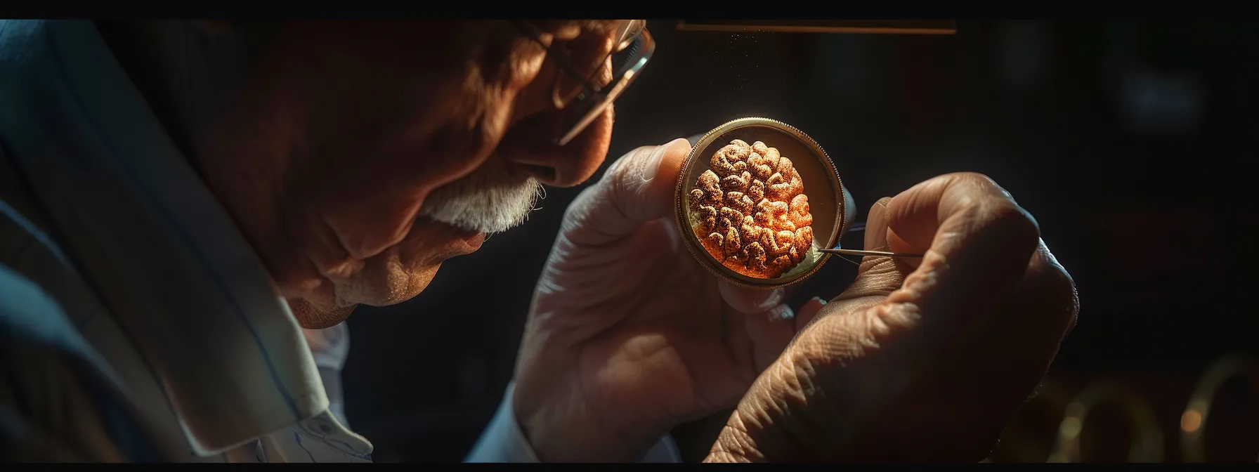 an expert examining a twelve mukhi rudraksha under a bright light for verification.