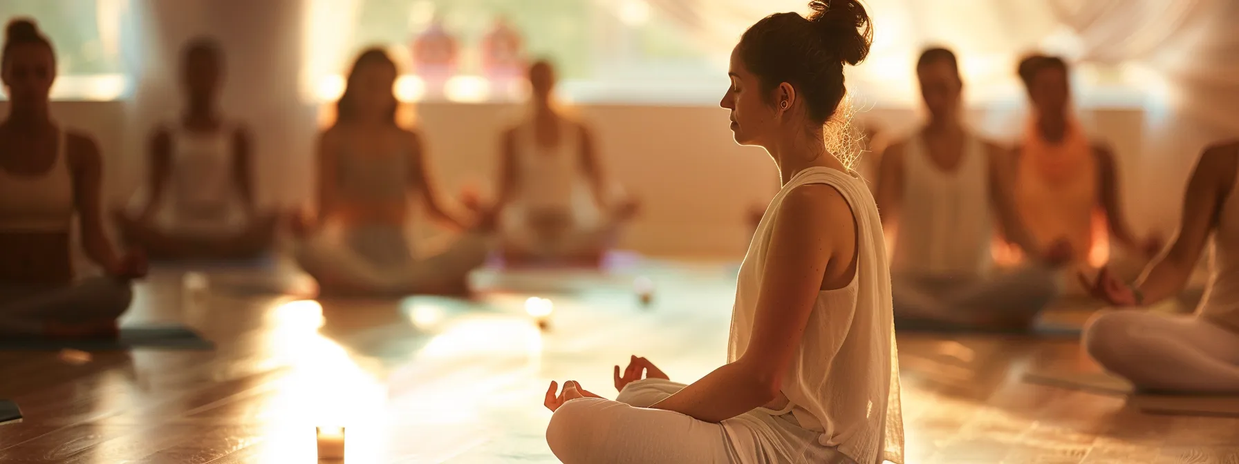 a beginner practicing modified poses in kundalini yoga, surrounded by supportive instructors, focusing on their body's signals and emotional responses for safety.