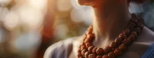 a close-up of a person meditating with peaceful expression, wearing a string of sacred rudraksha beads around their neck.