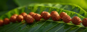 a close-up shot of luminous rudraksha beads arranged on a vibrant green leaf, exuding a powerful and spiritual energy.