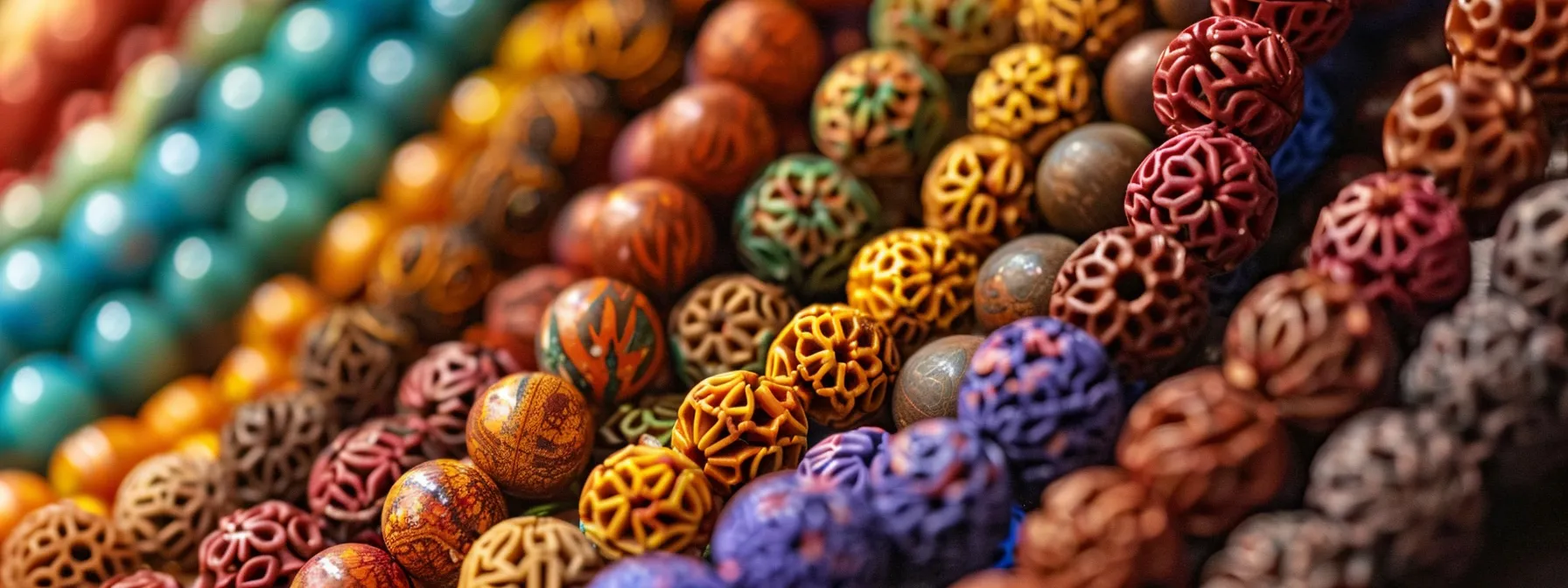 a close-up photo of vibrant, intricately patterned rudraksha beads aligned in a row, each type representing a different chakra, symbolizing the connection between beads and energy centers.